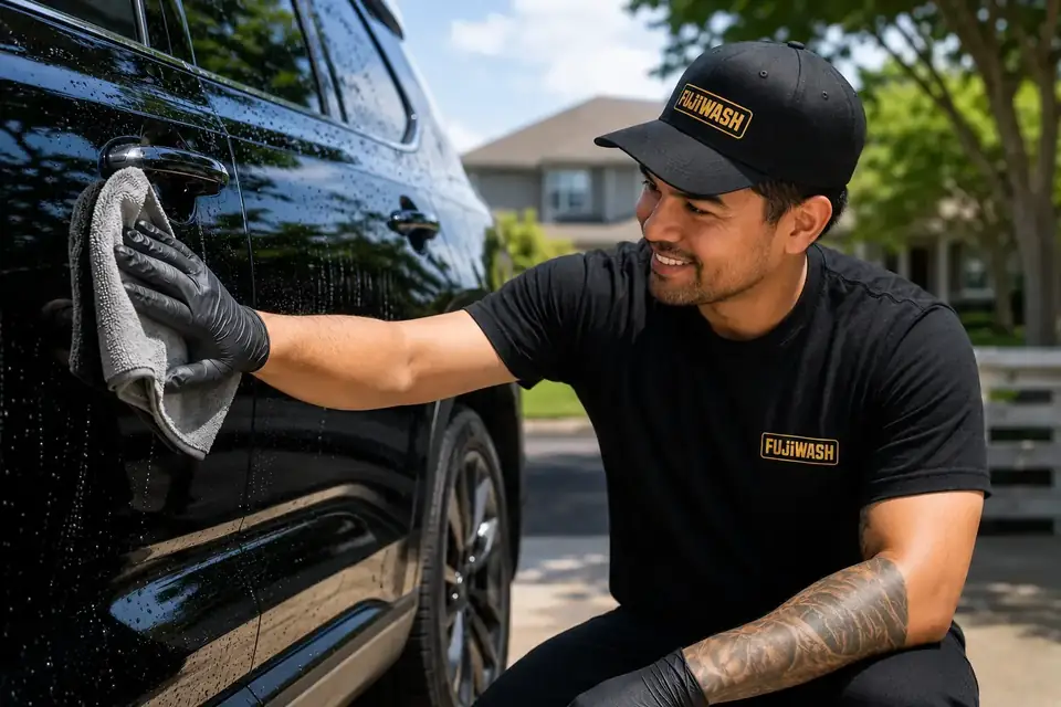 A professional FujiWash™ detailer in branded black cap and shirt, carefully wiping a glossy black luxury SUV door with a microfiber cloth on a sunny residential driveway.