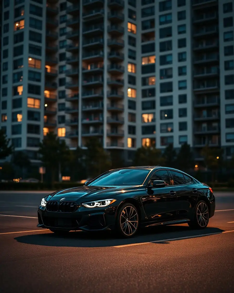 Car parked at a modern apartment complex lot at dusk