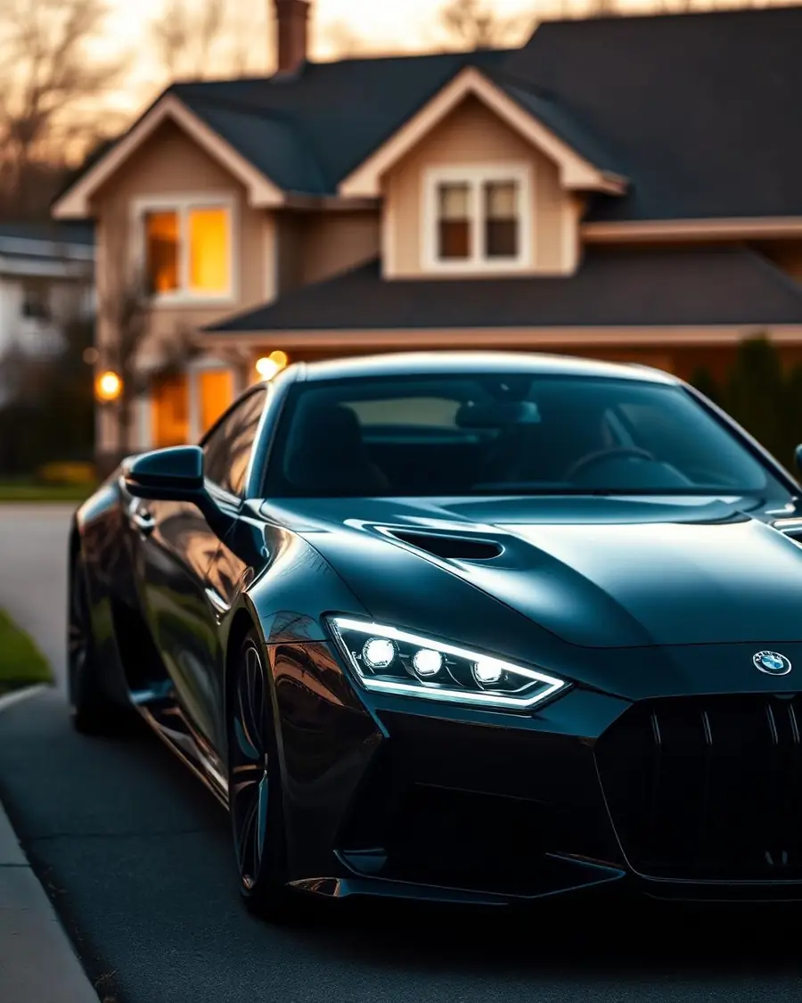 Luxury car parked in a residential driveway at golden hour